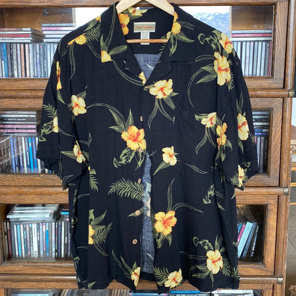 ORIGINAL ISLAND SPORT Hawaiian Shirt Slub Rayon Yellow/Orange/Green on Black XL